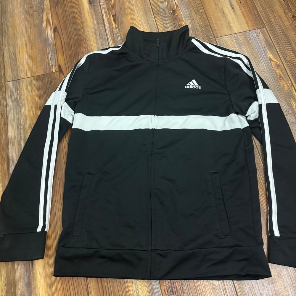 Adidas Boys Track Jacket Black White Stripe Full Zip Mock Neck Size Large 14/16